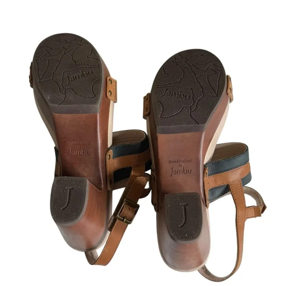 Jambu Viola Hand Crafted Leather Platform Wood Grain Clogs Women's Size 8.5